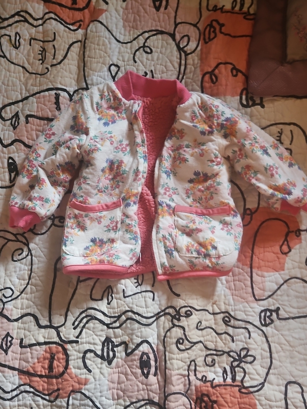 Girls Floral Quilted Puffer Jacket with Pink Sherpa Lining